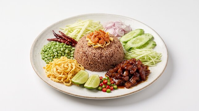 Thai Shrimp Paste Fried Rice (Khao Kluk Kapi) with condiments isolated on white background