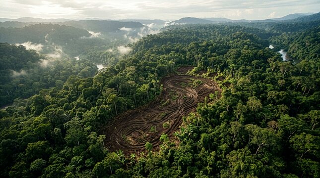 An aerial drone view of a lush green rainforest with a large deforested area shaped like a dollar sign, conceptualizing the financial cost of environmental destruction and deforestation.