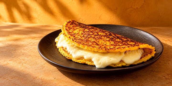 raditional Venezuelan Cachapa with Melted White Cheese on Black Plate, Sweet Corn Pancake