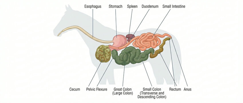 Educational diagram of the equine digestive system showing internal organs and anatomy labels