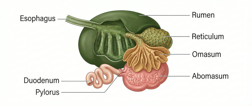 Anatomical diagram of the ruminant stomach showing the four distinct compartments and esophagus