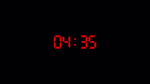 Digital five minute countdown timer animation on transparent background in sixty seconds
