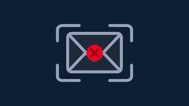 Digital animation of an email icon being scanned and rejected as spam before being deleted into the trash for internet security.
