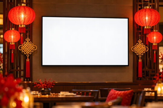 Blank digital TV screen with hanging red lanterns inside restaurant, Lunar New Year digital signage mockup
