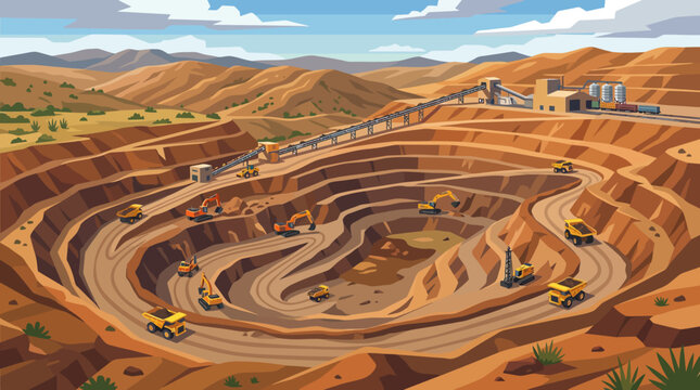 Large open pit mine landscape with heavy machinery and industrial equipment.