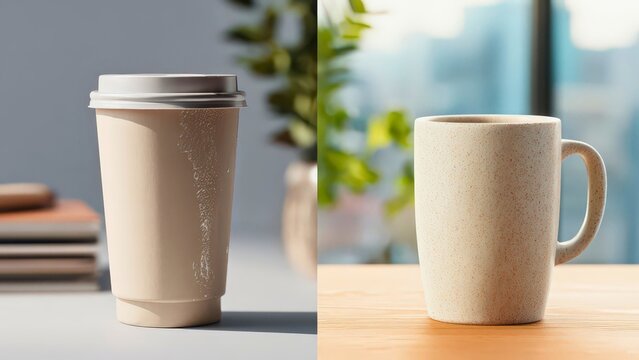 Split screen view of a disposable paper coffee cup and a speckled ceramic mug on a wooden table