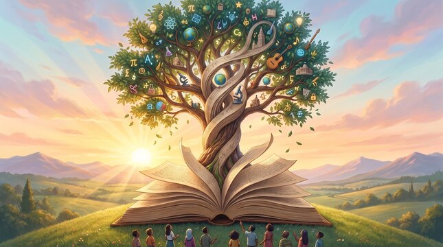 A magical tree growing out of an open book symbolizing knowledge and imagination at sunrise.