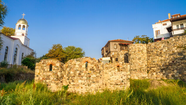 City landscape - Orthodox church and ancient ruins in the town of Sozopol on the Black Sea coast in Bulgaria