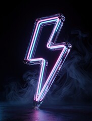 Plakat 3D neon lightning bolt symbol with glass effect on dark background. Glowing pink, blue electric spark icon shines through smoke. Futuristic energy charge sign with transparent crystal texture for