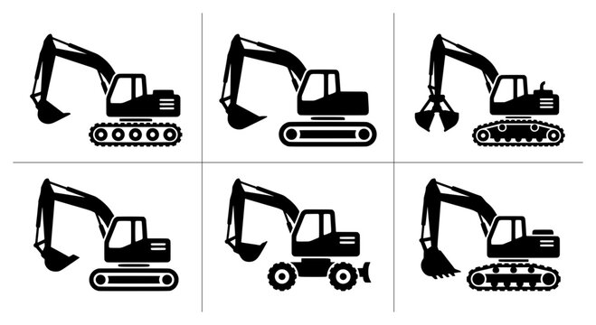 Excavator silhouettes set with tracked and wheeled diggers for construction and industry logos