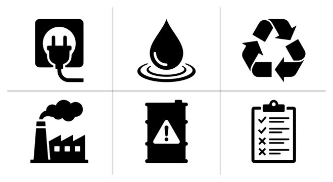 Environmental icons set with plug, water drop, recycle symbol, factory, oil barrel and checklist for eco themes