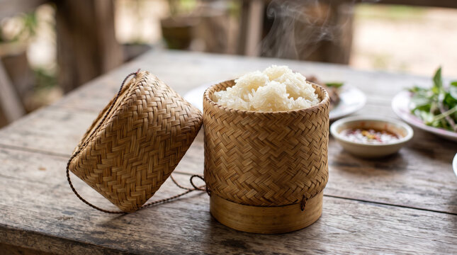 Steaming Sticky Rice in a Woven Bamboo Basket