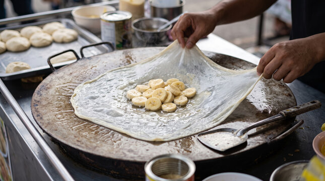 Hands Stretching Banana Roti Dough on a Hot Griddle