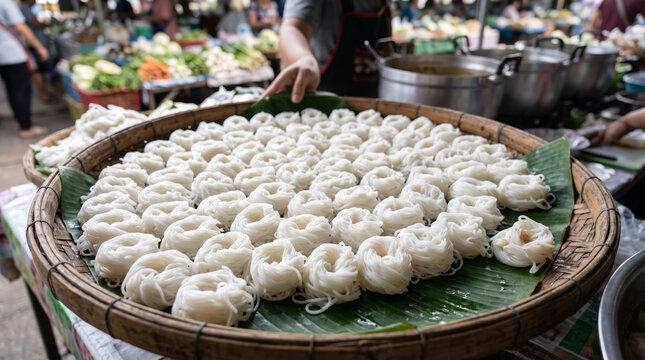 Fresh Rice Noodle Nests Arranged on a Banana Leaf Tray