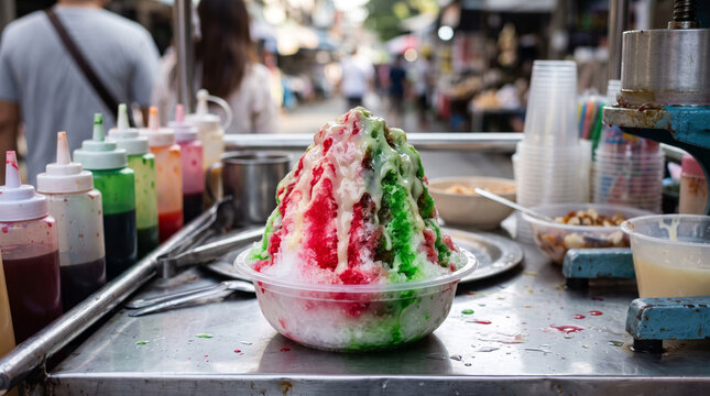 Shaved Ice Dessert with Red and Green Syrup at a Street Cart