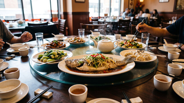 Steamed Whole Fish on a Lazy Susan at a Banquet Table