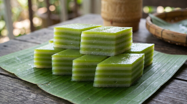 Layered Pandan Coconut Cake Diamonds on Banana Leaf