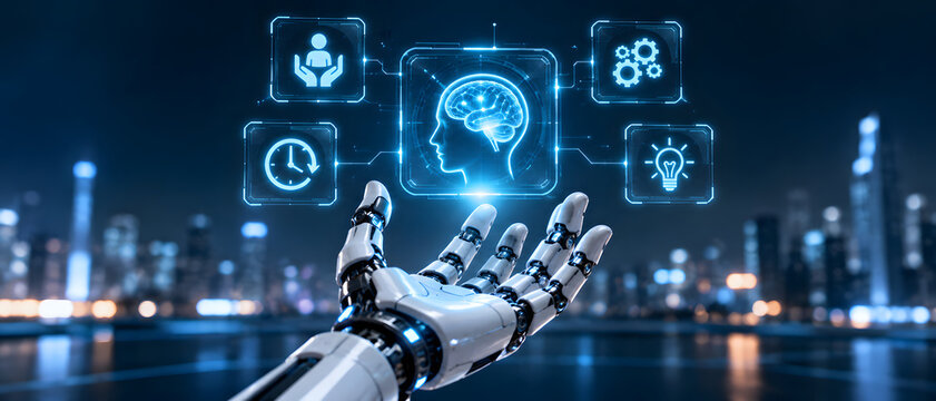 Artificial intelligence, robot and digital technology with city background for innovation, automation and interface. Machine learning, future and brain with icons, cyborg and virtual systems work.