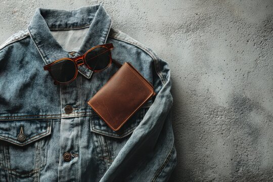 Casual denim jacket with a brown leather wallet and sunglasses arranged on a textured concrete surface in a flat lay