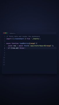 Vertical screen recording of a developer typing JavaScript code to fetch API data and render dashboard charts in a dark-themed code editor.