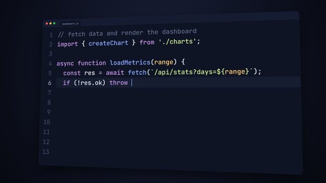 Close-up of a developer typing asynchronous JavaScript code in a dark mode editor to fetch API data and render charts for a dashboard application.