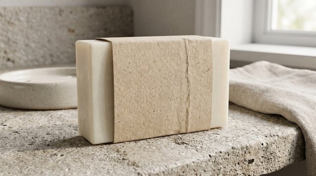 A bar of natural handmade soap with craft paper packaging on a stone bathroom countertop