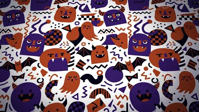 Animated cute cartoon monster pattern background with spooky holiday shapes
