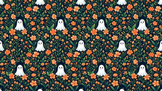 Cute white ghosts waving in dark floral pattern with orange blossoms and green leaves motion background
