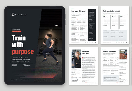 Sports Performance Report Template, Fitness & Training Brochure, Athlete Assessment Workbook and Progress Tracking Booklet