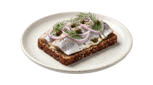 Open-faced herring sandwich with dill and capers on rye bread on a transparent background