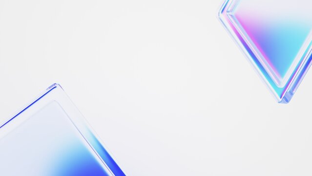 Frosted glass squares with iridescent blue and pink gradient edges on a light background with copy space, minimal abstract design, 3d render