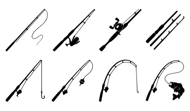 Fishing Rod Black Silhouette Collection with Angling Equipment