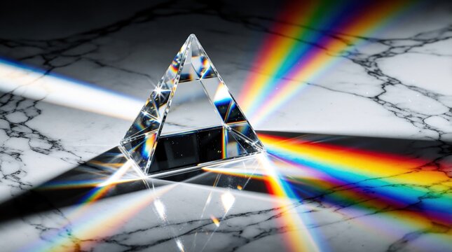 Glass prism creates colorful rainbow spectrum on white marble surface. Light refraction through crystal shows physics phenomenon. Optical beam splits into bright rays, colorful spectrum effect,