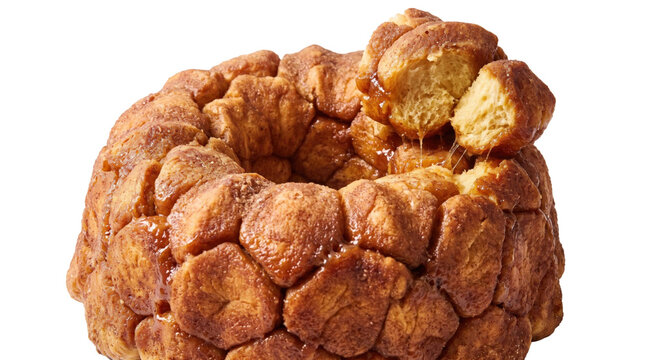 Sticky cinnamon monkey bread with caramel drizzle on a transparent background
