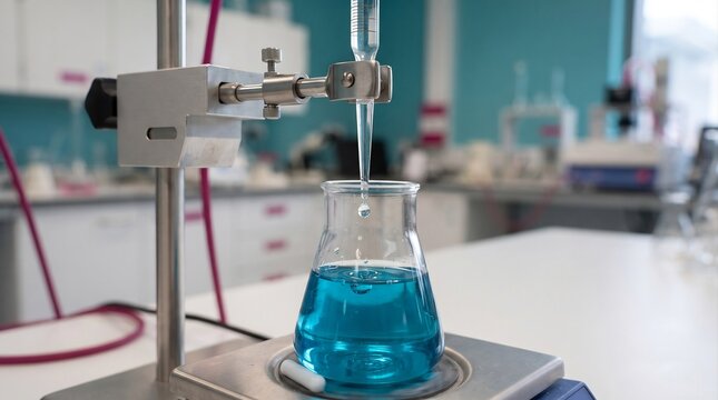 extreme close-up of an automated titration system delivering a precise droplet from a glass burette into a transparent flask containing a vivid blue chemical solution, modern analytical laboratory