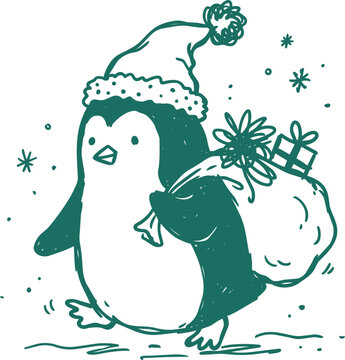Penguin with santa hat carrying christmas gift sack