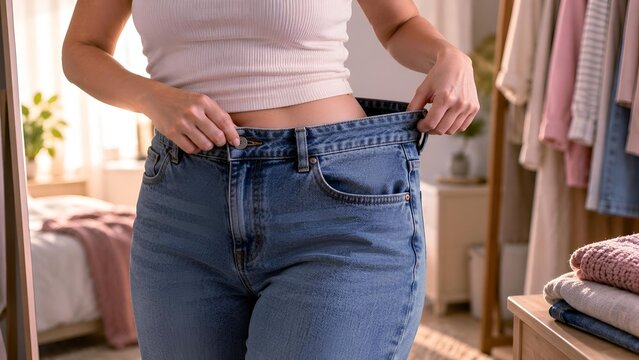 Woman checking oversized jeans after weight loss