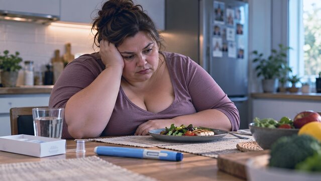 Plus-size woman sitting at a kitchen table looking tired beside a healthy meal and medication pen, illustrating emotional difficulty, weight management and lifestyle change