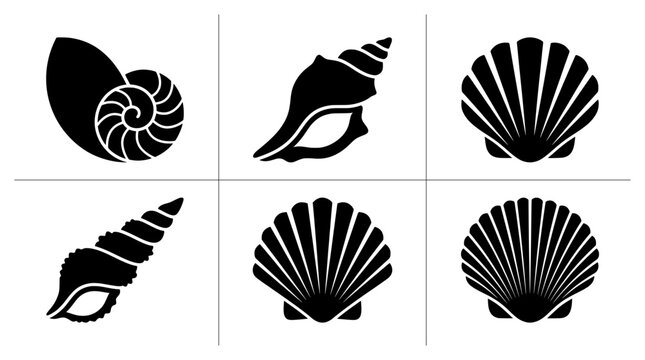 Seashell silhouettes set with nautilus, conch and scallop shapes for beach decor