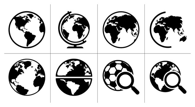 Earth globes set with continents and magnifying glass, travel and search icons