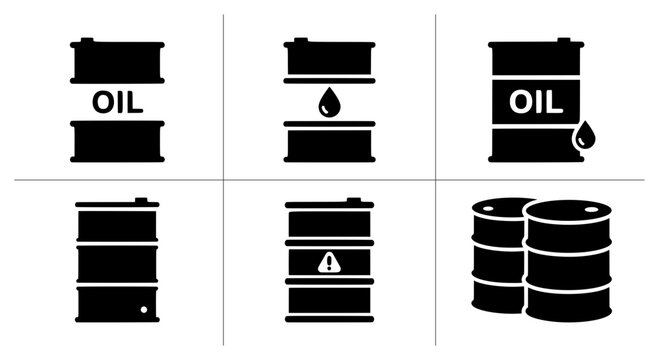 Oil barrel icons set with liquid drop and warning symbol, industry and transport