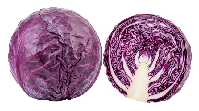 Fresh whole and sliced purple cabbage on a transparent background