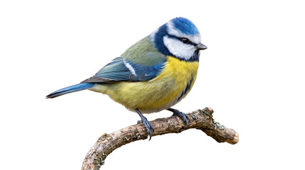 Blue and yellow eurasian blue tit perched on a branch on a transparent background © YULIIA