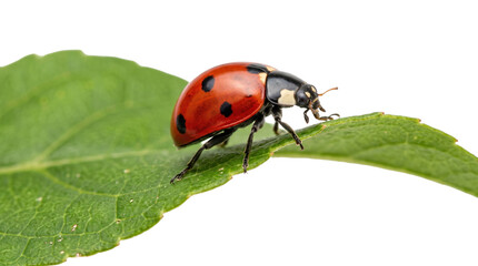 Ladybug on a leaf: close-up of a red and black spotted insect on a transparent background © YULIIA