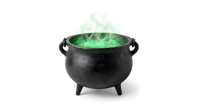 Black magic cauldron with green potion isolated on white background
