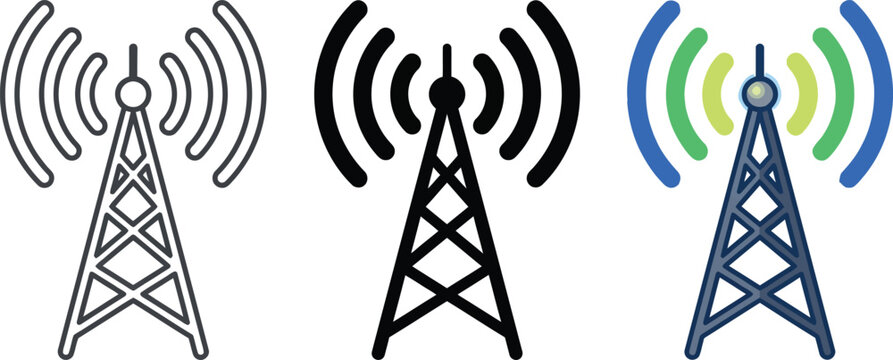 Radio communication tower vector icon in outline solid and colorful styles with cell tower