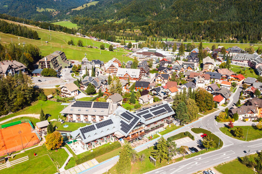 Panorama of town Kranjska Gora in Slovenia &ndash; Alpine Town and Julian Alps Mountain Landscape