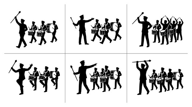 Drumline silhouettes set with marching band members playing drums and a drum major leading for music or parade themes