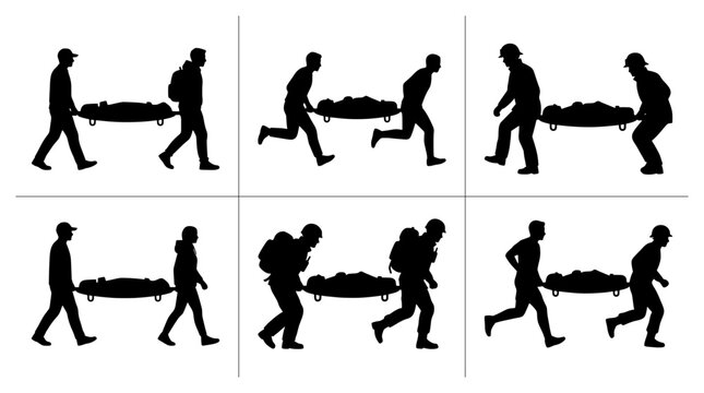 Medical evacuation silhouettes set with people carrying stretcher, emergency rescue and transport
