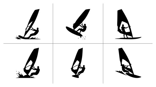 Windsurfer silhouettes set with figures riding waves and performing tricks for sports design